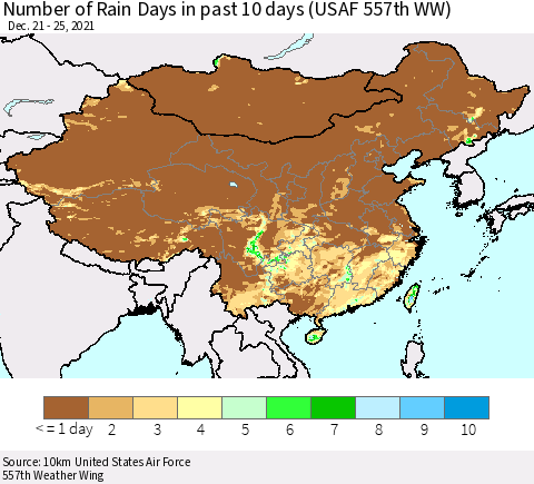 China, Mongolia and Taiwan Number of Rain Days in past 10 days (USAF 557th WW) Thematic Map For 12/21/2021 - 12/25/2021