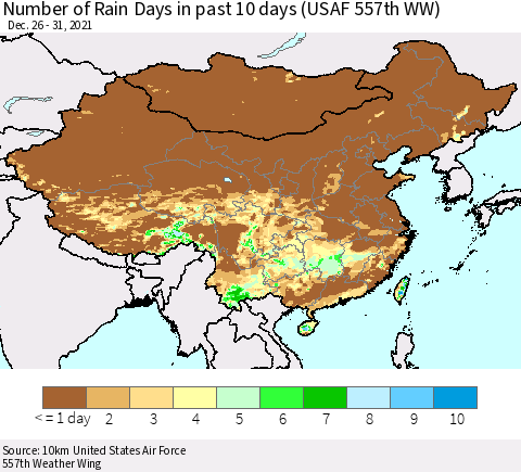 China, Mongolia and Taiwan Number of Rain Days in past 10 days (USAF 557th WW) Thematic Map For 12/26/2021 - 12/31/2021