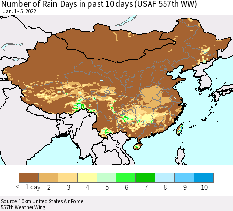 China, Mongolia and Taiwan Number of Rain Days in past 10 days (USAF 557th WW) Thematic Map For 1/1/2022 - 1/5/2022