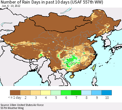 China, Mongolia and Taiwan Number of Rain Days in past 10 days (USAF 557th WW) Thematic Map For 1/6/2022 - 1/10/2022
