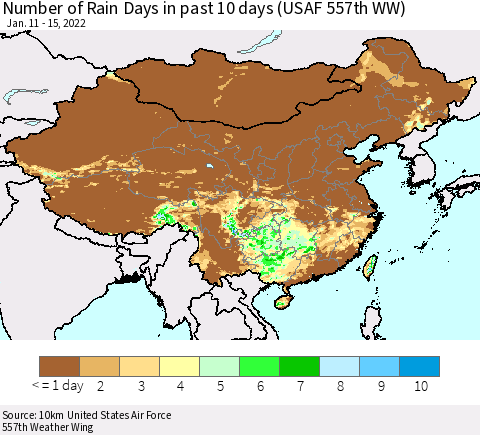 China, Mongolia and Taiwan Number of Rain Days in past 10 days (USAF 557th WW) Thematic Map For 1/11/2022 - 1/15/2022