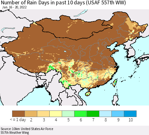 China, Mongolia and Taiwan Number of Rain Days in past 10 days (USAF 557th WW) Thematic Map For 1/16/2022 - 1/20/2022