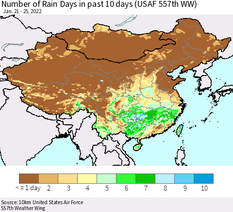China, Mongolia and Taiwan Number of Rain Days in past 10 days (USAF 557th WW) Thematic Map For 1/21/2022 - 1/25/2022