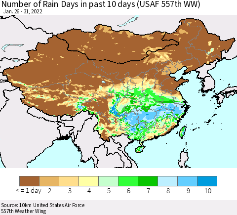 China, Mongolia and Taiwan Number of Rain Days in past 10 days (USAF 557th WW) Thematic Map For 1/26/2022 - 1/31/2022