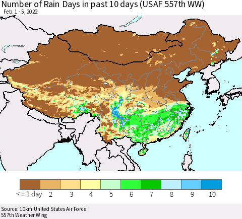 China, Mongolia and Taiwan Number of Rain Days in past 10 days (USAF 557th WW) Thematic Map For 2/1/2022 - 2/5/2022