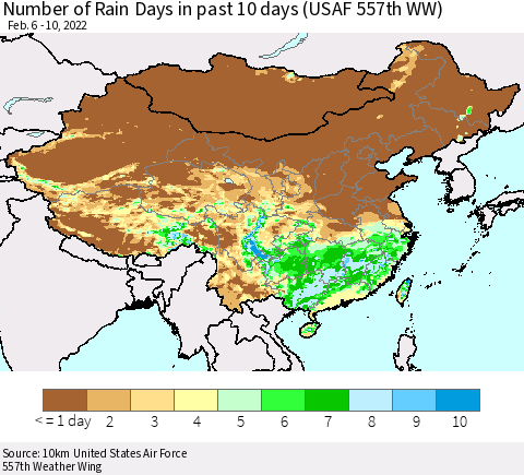 China, Mongolia and Taiwan Number of Rain Days in past 10 days (USAF 557th WW) Thematic Map For 2/6/2022 - 2/10/2022