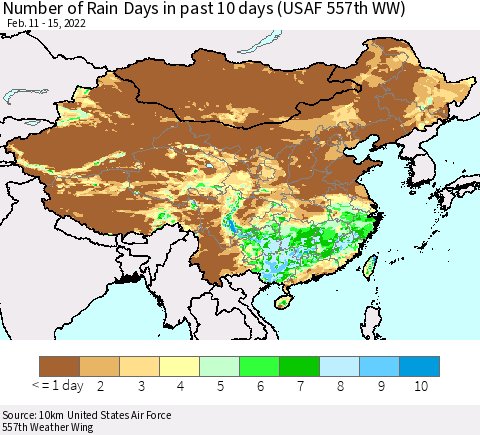 China, Mongolia and Taiwan Number of Rain Days in past 10 days (USAF 557th WW) Thematic Map For 2/11/2022 - 2/15/2022
