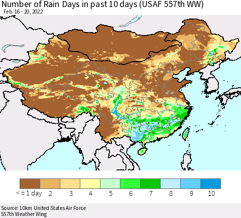 China, Mongolia and Taiwan Number of Rain Days in past 10 days (USAF 557th WW) Thematic Map For 2/16/2022 - 2/20/2022