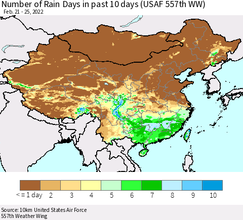 China, Mongolia and Taiwan Number of Rain Days in past 10 days (USAF 557th WW) Thematic Map For 2/21/2022 - 2/25/2022