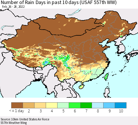 China, Mongolia and Taiwan Number of Rain Days in past 10 days (USAF 557th WW) Thematic Map For 2/26/2022 - 2/28/2022