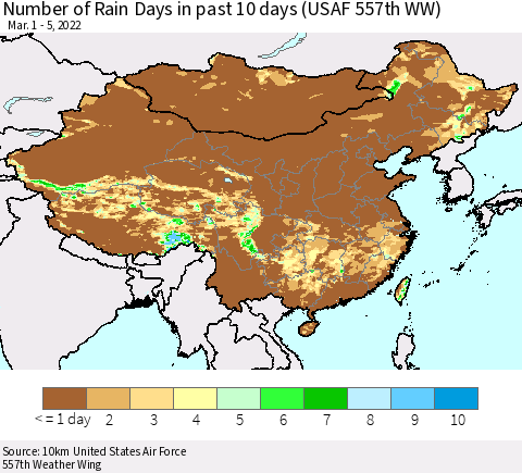 China, Mongolia and Taiwan Number of Rain Days in past 10 days (USAF 557th WW) Thematic Map For 3/1/2022 - 3/5/2022