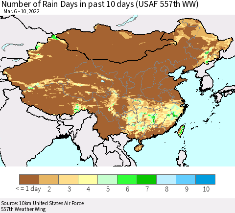 China, Mongolia and Taiwan Number of Rain Days in past 10 days (USAF 557th WW) Thematic Map For 3/6/2022 - 3/10/2022