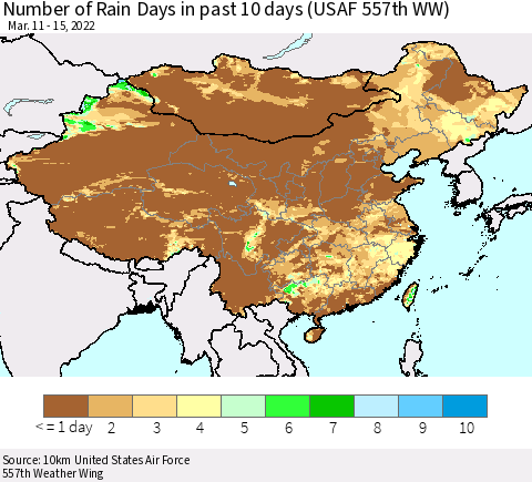 China, Mongolia and Taiwan Number of Rain Days in past 10 days (USAF 557th WW) Thematic Map For 3/11/2022 - 3/15/2022
