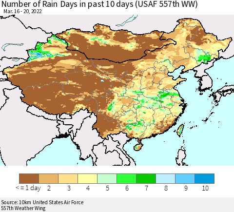China, Mongolia and Taiwan Number of Rain Days in past 10 days (USAF 557th WW) Thematic Map For 3/16/2022 - 3/20/2022