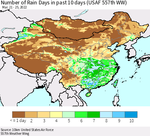 China, Mongolia and Taiwan Number of Rain Days in past 10 days (USAF 557th WW) Thematic Map For 3/21/2022 - 3/25/2022