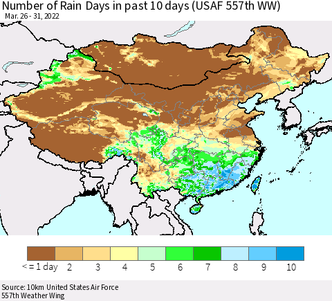 China, Mongolia and Taiwan Number of Rain Days in past 10 days (USAF 557th WW) Thematic Map For 3/26/2022 - 3/31/2022