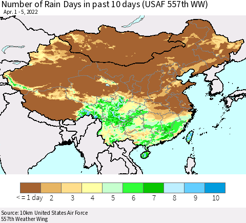 China, Mongolia and Taiwan Number of Rain Days in past 10 days (USAF 557th WW) Thematic Map For 4/1/2022 - 4/5/2022