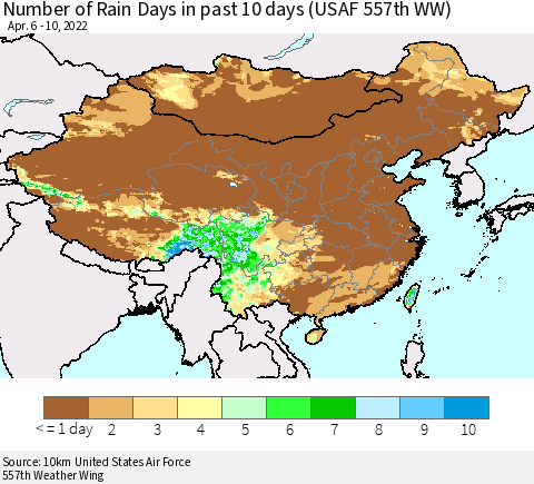 China, Mongolia and Taiwan Number of Rain Days in past 10 days (USAF 557th WW) Thematic Map For 4/6/2022 - 4/10/2022