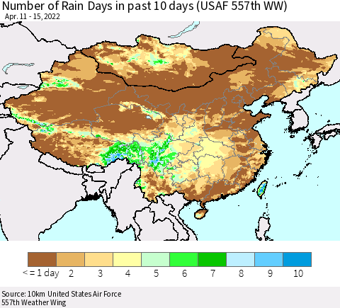 China, Mongolia and Taiwan Number of Rain Days in past 10 days (USAF 557th WW) Thematic Map For 4/11/2022 - 4/15/2022