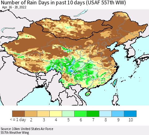 China, Mongolia and Taiwan Number of Rain Days in past 10 days (USAF 557th WW) Thematic Map For 4/16/2022 - 4/20/2022