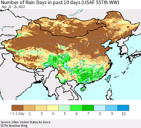 China, Mongolia and Taiwan Number of Rain Days in past 10 days (USAF 557th WW) Thematic Map For 4/21/2022 - 4/25/2022