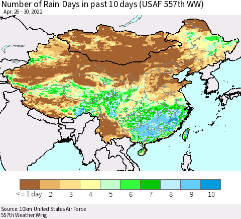 China, Mongolia and Taiwan Number of Rain Days in past 10 days (USAF 557th WW) Thematic Map For 4/26/2022 - 4/30/2022