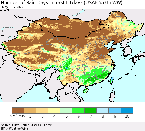 China, Mongolia and Taiwan Number of Rain Days in past 10 days (USAF 557th WW) Thematic Map For 5/1/2022 - 5/5/2022