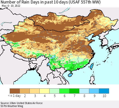 China, Mongolia and Taiwan Number of Rain Days in past 10 days (USAF 557th WW) Thematic Map For 5/6/2022 - 5/10/2022
