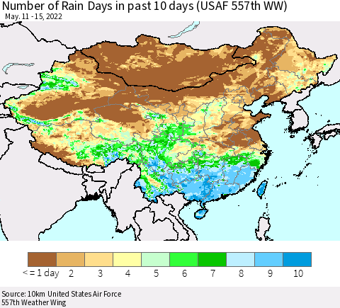 China, Mongolia and Taiwan Number of Rain Days in past 10 days (USAF 557th WW) Thematic Map For 5/11/2022 - 5/15/2022