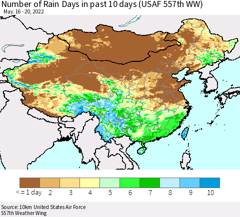 China, Mongolia and Taiwan Number of Rain Days in past 10 days (USAF 557th WW) Thematic Map For 5/16/2022 - 5/20/2022