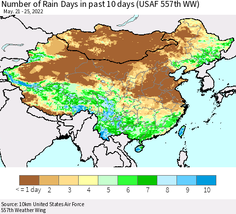 China, Mongolia and Taiwan Number of Rain Days in past 10 days (USAF 557th WW) Thematic Map For 5/21/2022 - 5/25/2022