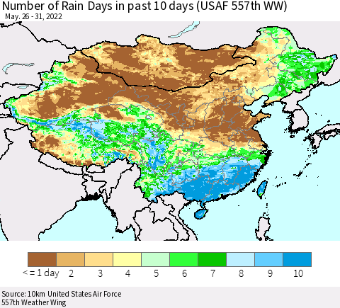 China, Mongolia and Taiwan Number of Rain Days in past 10 days (USAF 557th WW) Thematic Map For 5/26/2022 - 5/31/2022