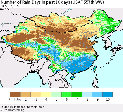China, Mongolia and Taiwan Number of Rain Days in past 10 days (USAF 557th WW) Thematic Map For 6/1/2022 - 6/5/2022