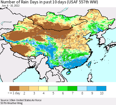 China, Mongolia and Taiwan Number of Rain Days in past 10 days (USAF 557th WW) Thematic Map For 6/6/2022 - 6/10/2022