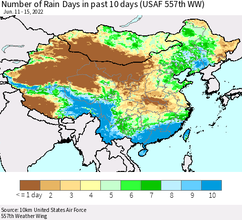 China, Mongolia and Taiwan Number of Rain Days in past 10 days (USAF 557th WW) Thematic Map For 6/11/2022 - 6/15/2022