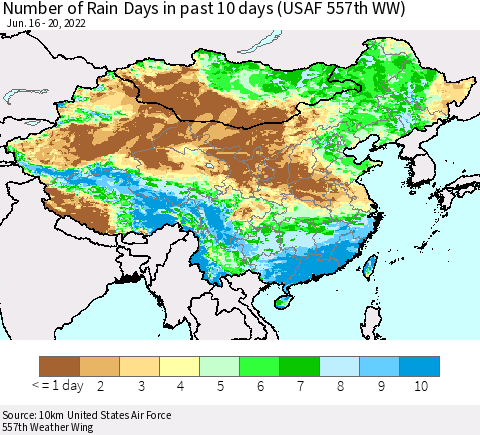 China, Mongolia and Taiwan Number of Rain Days in past 10 days (USAF 557th WW) Thematic Map For 6/16/2022 - 6/20/2022