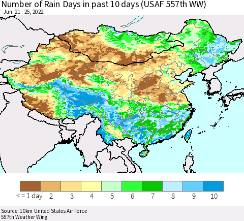 China, Mongolia and Taiwan Number of Rain Days in past 10 days (USAF 557th WW) Thematic Map For 6/21/2022 - 6/25/2022