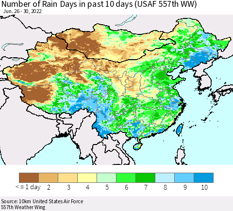 China, Mongolia and Taiwan Number of Rain Days in past 10 days (USAF 557th WW) Thematic Map For 6/26/2022 - 6/30/2022