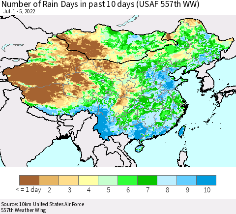 China, Mongolia and Taiwan Number of Rain Days in past 10 days (USAF 557th WW) Thematic Map For 7/1/2022 - 7/5/2022