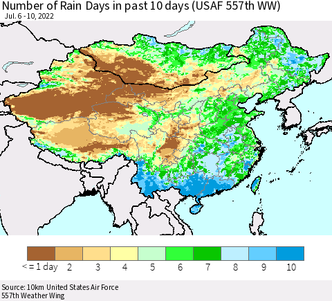 China, Mongolia and Taiwan Number of Rain Days in past 10 days (USAF 557th WW) Thematic Map For 7/6/2022 - 7/10/2022
