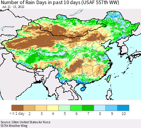 China, Mongolia and Taiwan Number of Rain Days in past 10 days (USAF 557th WW) Thematic Map For 7/11/2022 - 7/15/2022