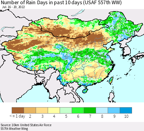 China, Mongolia and Taiwan Number of Rain Days in past 10 days (USAF 557th WW) Thematic Map For 7/16/2022 - 7/20/2022