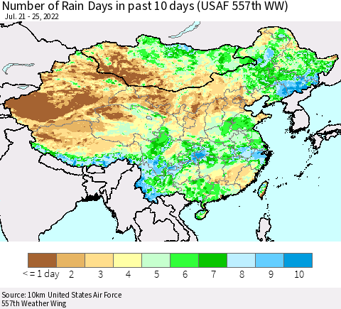 China, Mongolia and Taiwan Number of Rain Days in past 10 days (USAF 557th WW) Thematic Map For 7/21/2022 - 7/25/2022