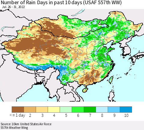China, Mongolia and Taiwan Number of Rain Days in past 10 days (USAF 557th WW) Thematic Map For 7/26/2022 - 7/31/2022