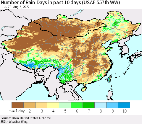 China, Mongolia and Taiwan Number of Rain Days in past 10 days (USAF 557th WW) Thematic Map For 8/1/2022 - 8/5/2022