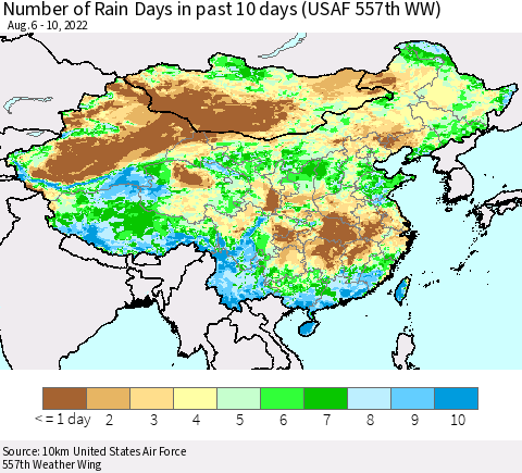 China, Mongolia and Taiwan Number of Rain Days in past 10 days (USAF 557th WW) Thematic Map For 8/6/2022 - 8/10/2022