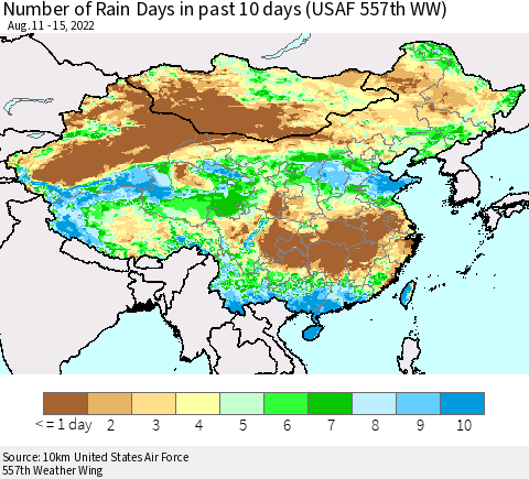 China, Mongolia and Taiwan Number of Rain Days in past 10 days (USAF 557th WW) Thematic Map For 8/11/2022 - 8/15/2022