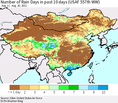 China, Mongolia and Taiwan Number of Rain Days in past 10 days (USAF 557th WW) Thematic Map For 8/16/2022 - 8/20/2022