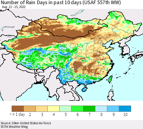 China, Mongolia and Taiwan Number of Rain Days in past 10 days (USAF 557th WW) Thematic Map For 8/21/2022 - 8/25/2022