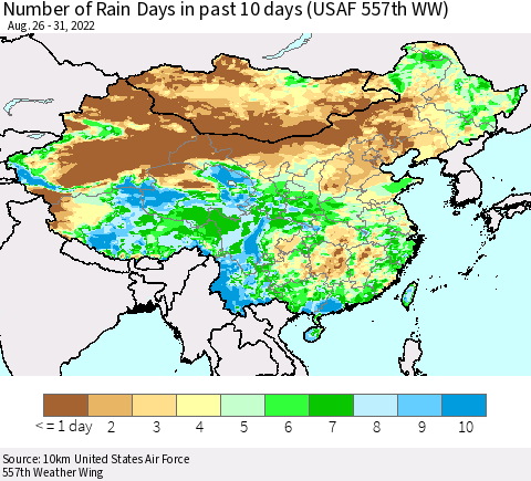 China, Mongolia and Taiwan Number of Rain Days in past 10 days (USAF 557th WW) Thematic Map For 8/26/2022 - 8/31/2022